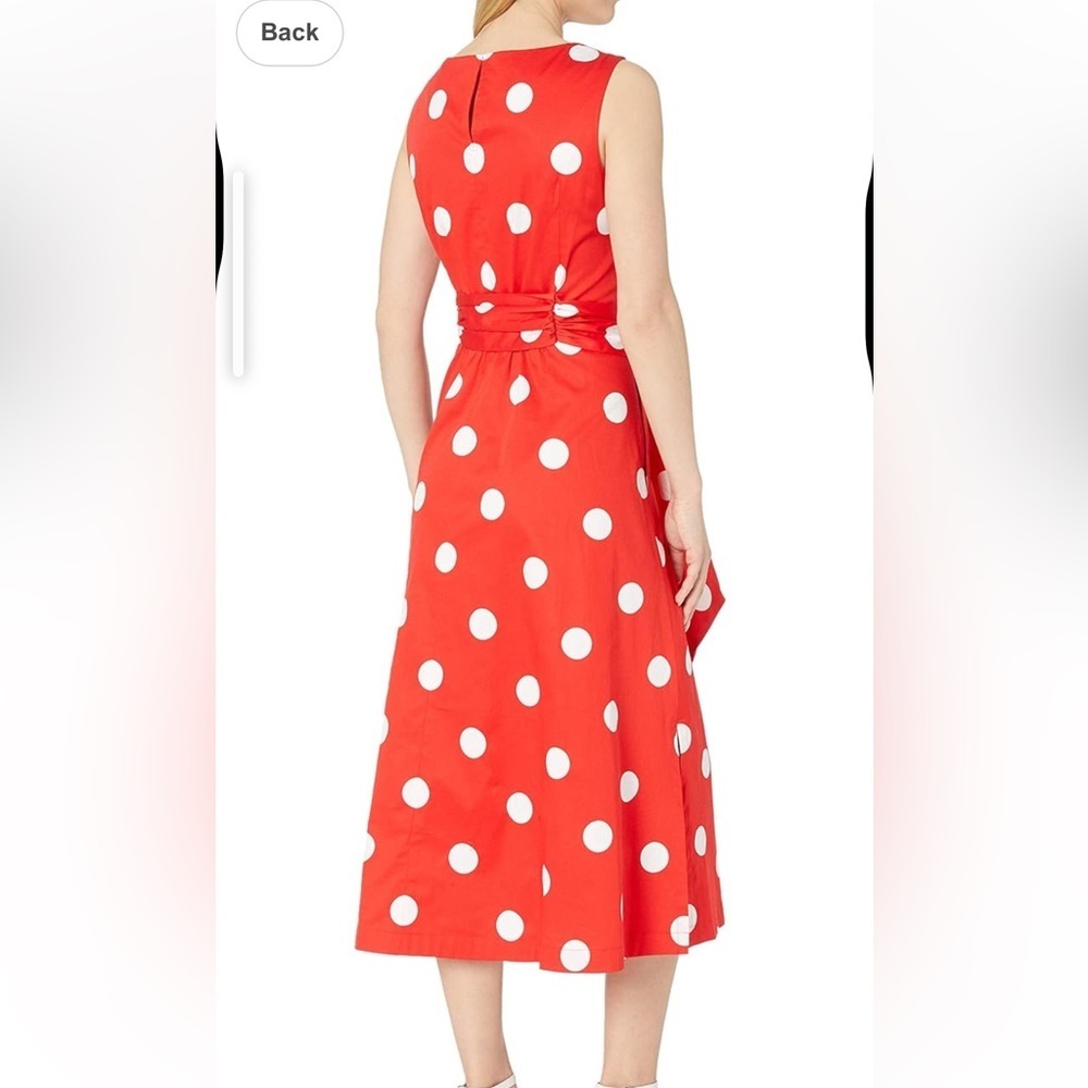Red Polka Dot Sleeveless Bateau neck interview outfit midi holiday Dress - Picture 2 of 6